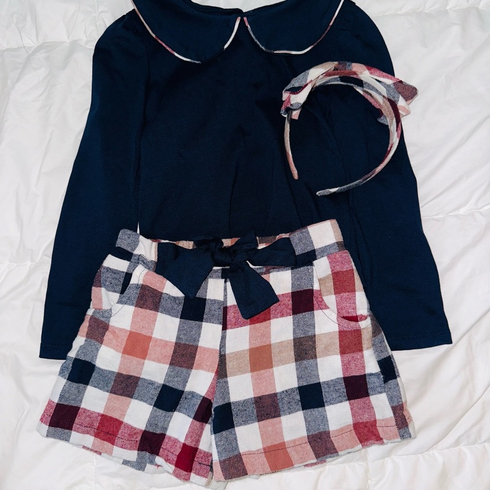 Navy Top and Plaid Shorts Set with Headband